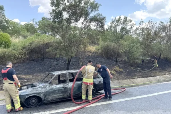 Otomobilde çıkan yangın yol kenarındaki ağaçlara s... Otomobilde çıkan yangın yol kenarındaki ağaçlara s...